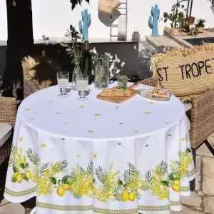 Rond tafelkleed: Citroen Mimosa –  Wit