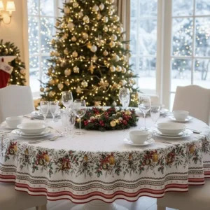 Rond kerst tafelkleed: Joyeux Noël – Roomwit