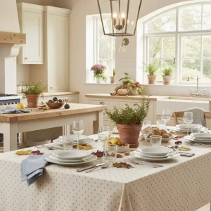 Frans tafelkleed: Ramatuelle – Roomwit met taupe