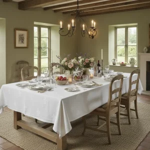 Damast tafelkleed met Franse lelie – Roomwit